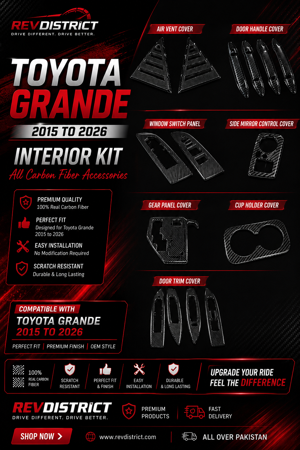 Toyota Grande 2015–2026 Carbon Fiber Interior Kit | Full Interior Trim Cover Set