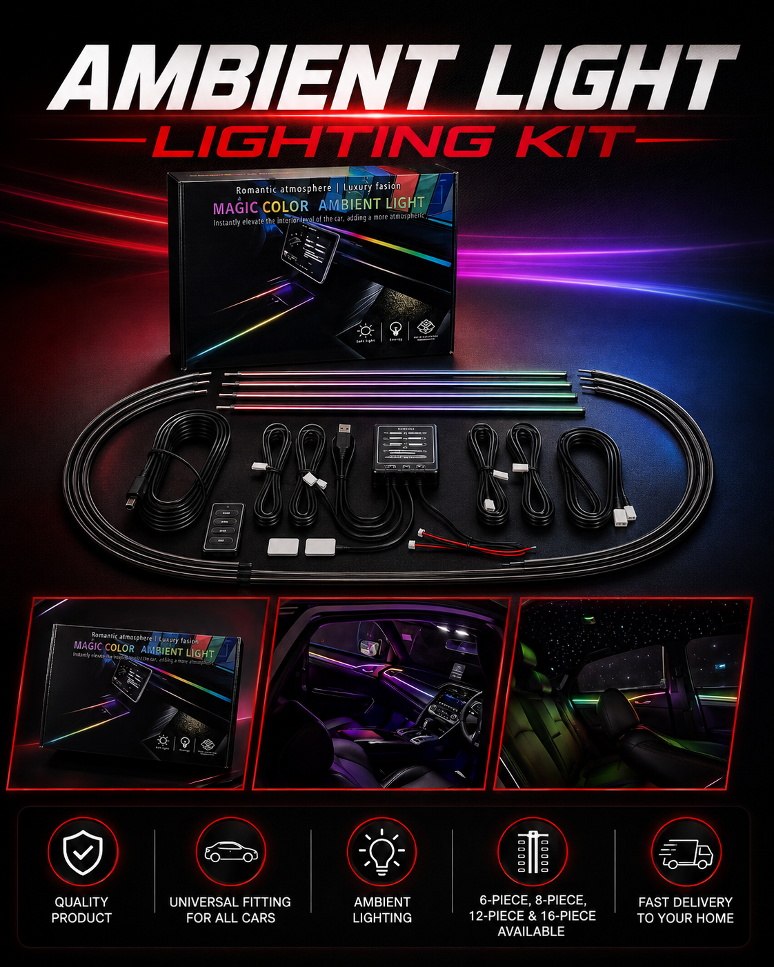 RGB Car Interior Ambient Light Kit – 2/6/8/10/12/18 Pieces