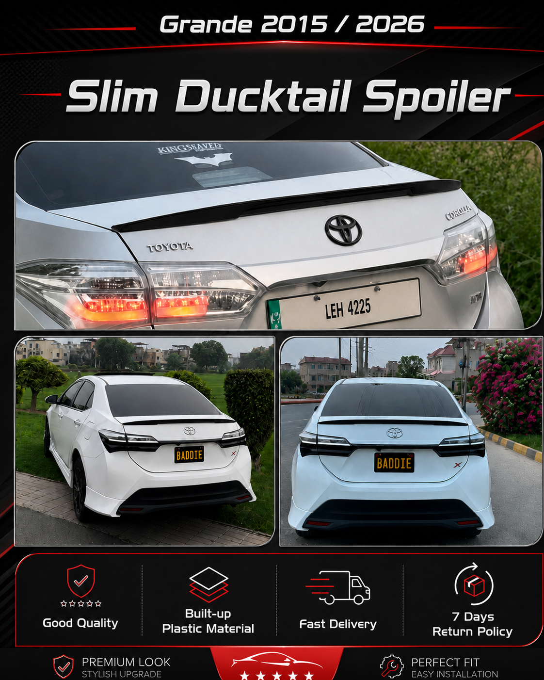 Toyota Corolla Grande 2015–2026 Slim Ducktail Trunk Spoiler – Black