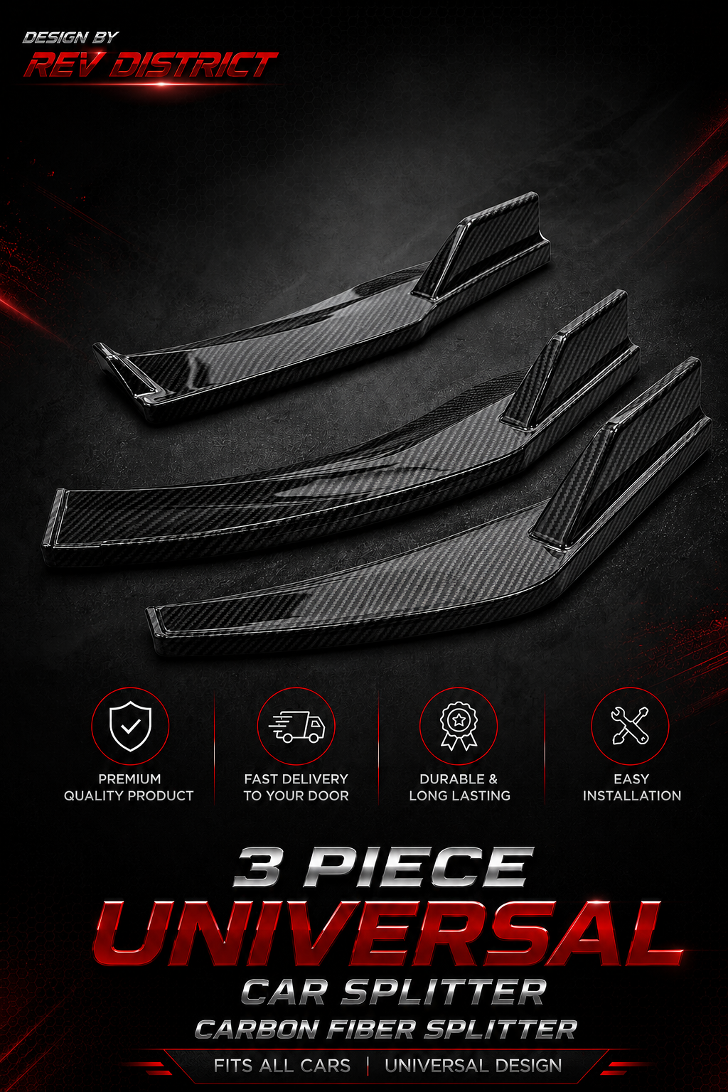 3-Piece Universal Car Front Splitter – Carbon Fiber Style