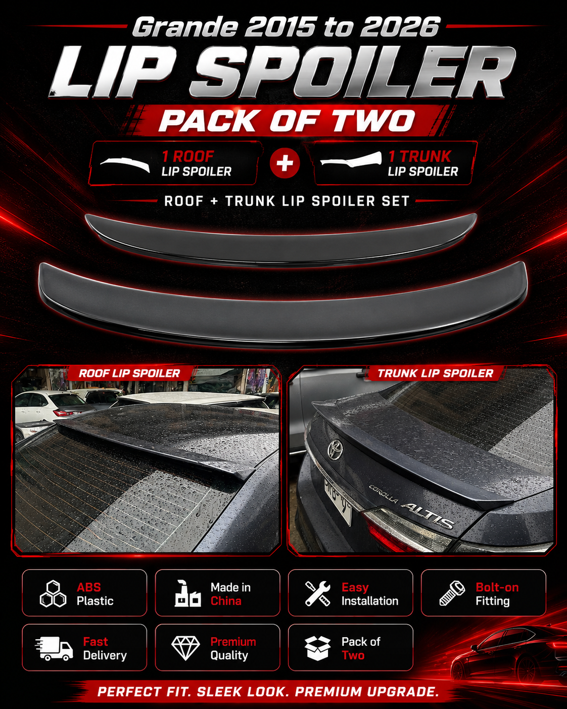 Toyota Corolla Grande 2015–2026 Roof & Trunk Lip Spoiler Set – Pack of 2